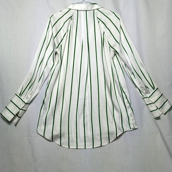 Nine West Green White Striped Women Top Raglan Cuff Sleeve Side Button Collared - Picture 2 of 9